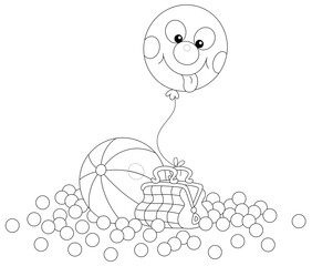 Funny circus clown bag, balls and a balloon for tricks, black and white vector cartoon for a coloring book page