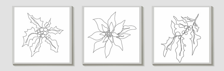 One line of the pattern of winter flowers. Modern art, the line of botanical flowers (poinsettia, holly) in the style of minimalism. for print, postcards, posters, wall pano. isolated art illustration