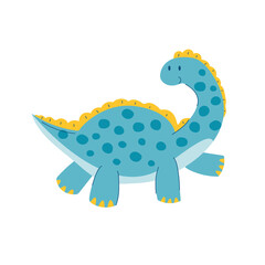 A small diplodocus dinosaur. Cute cartoon dino. A blue kids reptile with a long neck. A prehistoric animal. Stock vector children flat illustration on a white background.