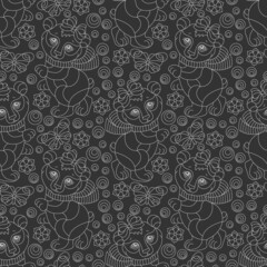 Seamless pattern with cute light outline bears, butterflies and flowers, contour animals on a dark background