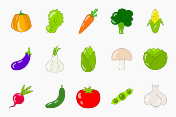 Vegetables colored icon set. Flat Vector illustration line icons set for mobile, web and menu design. Food concept.