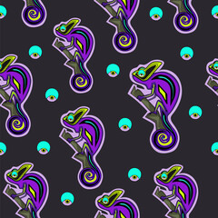 Vector seamless pattern with neon violet lizard or chameleon on the black background. Magic, fantasy, mystical texture, backdrop, background.