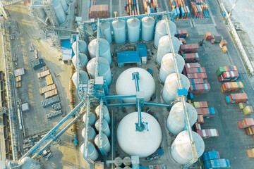 Seaport infrastructure. Port elevator for unloading grain. View from above.