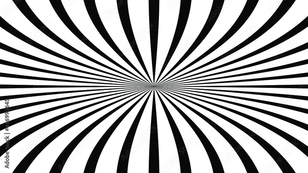 Poster Pattern with optical illusion. Abstract 3D geometrical background, abstract pattern with colorful rays, banner element for show, fair, circus. Black Sunburst rays background. Vector illustration.