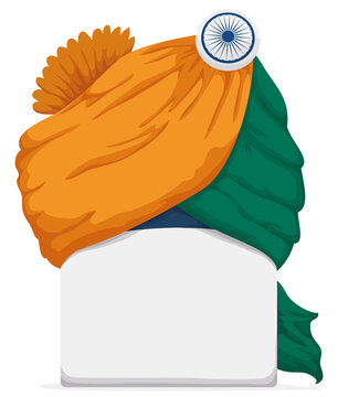 Traditional turban with Indian colors decorated with button and sign, Vector illustration