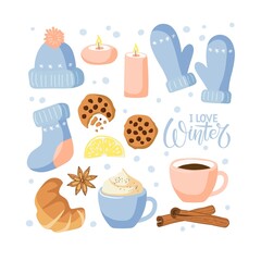 I love Winter text and warm winter knitted clothing, hot drinks and treats, spices, candles. Flat Vector illustration. Seasonal Design. Warm cozy winter elements on white background.
