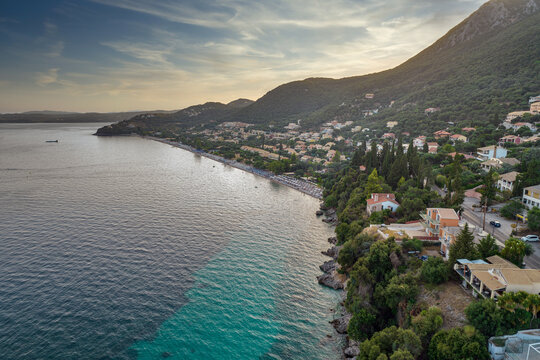 Aerial drone view over rocky coast in Mparmpati and Barbati Beach, east of Corfu island, Greece.
