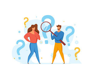 FAQ concept of men looking through magnifying glass at interrogation point and question mark. Vecror illustration of searching solutions, useful information, customer support, solving problem, choice.