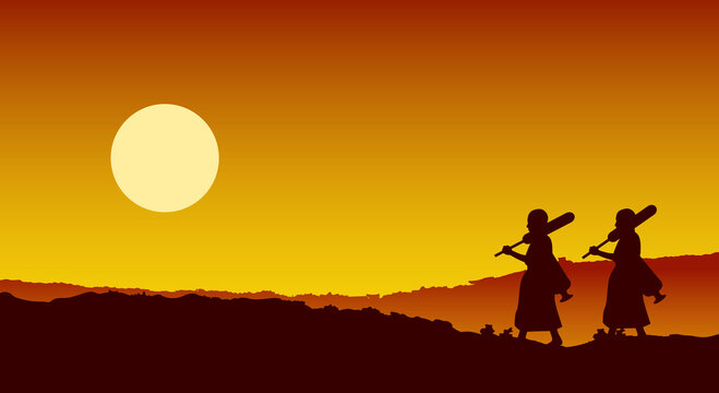 monk walk out of temple pilgrimage to make merit for peace silent and dharma in sunset scene silhouette style,vector illustration