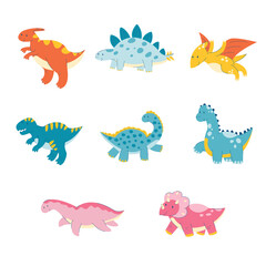 Cute dino dinosaur cartoon set. Triceratops, diplodocus, parasaurolophus, tyrannosaurus. A reptile with a horn. Flat animal dragon. Vector stock illustration on a white background.
