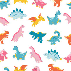 seamless pattern with cute cartoon dinosaur. dinosaur, reptile, dragon, monster flat pattern. Seamless texture with baby kid animal. Stock vector illustration on a white background.
