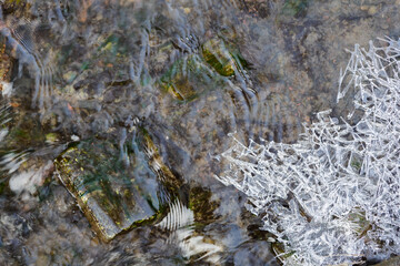 Frozen part of the river with ice.