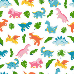 Dinosaurier nahtlose Muster. Niedliches Kinder-Dino-Cartoon-Muster. Triceratops, Tyrannosaurus, Diplodocus und Palmblätter. stock vektor Kinder flache Illustration auf weißem Hintergrund.