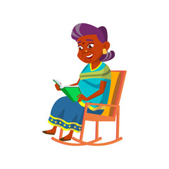 Old Woman Sit In Rocking Chair And Reading Vector. Indian Elderly Lady Reading Funny Story Book. Character Grandmother Pensioner Recreational Time With Literature Flat Cartoon Illustration
