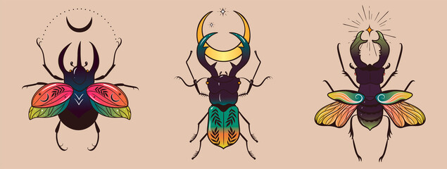 Collection of fantasy colorful beetle for design. Vector graphics.