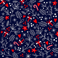 Decorative Happy New Year celebration vector blue background with gift boxes and Christmas decorations