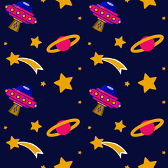 UFO flying in space pattern, bright colors