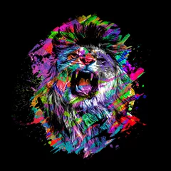 Poster colorful artistic roaring lioness muzzle with bright paint splatters on dark background © reznik_val