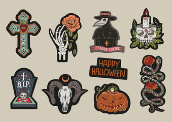 Halloween stickers set. Grave, plague doctor, cross, snake, skeleton hand, sinister pumpkin, goat skull, flowers