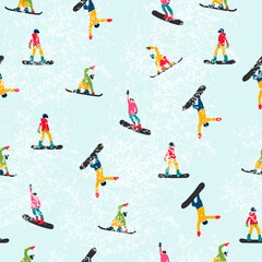 Vector illustration of snowboarders. Winter sport seamless pattern. Bright colors. Template for repeat print.