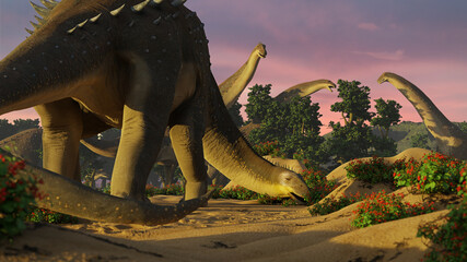 Alamosaurus, group of dinosaurs from the Late Cretaceous period at sunrise