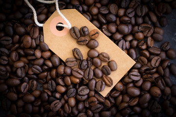  roasted coffee beans on concrete background price tag
