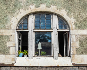 Vyborg, Russia, July 25, 2021. Fragment of a typical facade of a building of a historical...