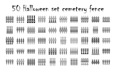 Assorted spooky cemetery gate silhouettes - vector. Assets isolated on a white background. Scary, haunted and creepy fence elements
