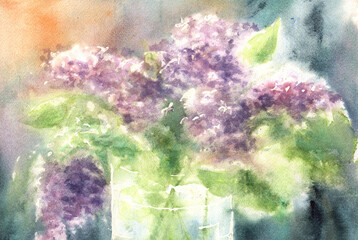 Fototapeta na wymiar watercolor illustration of a bouquet of lilacs in a vase surrounded by the rays of the sun