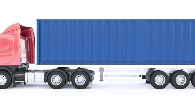 Side View of a Container Truck with a Red Cabin and Blue Container Moving on White Background 3D Rendering