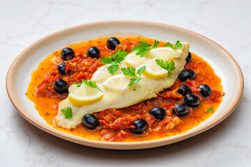cod on tomato sauce with black olives