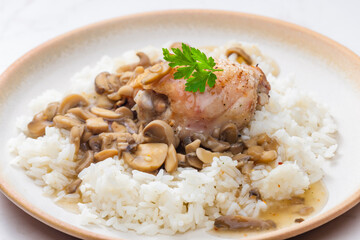 grilled chicken meat with mushroom sauce and rice