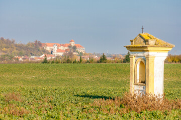 Jaroslavice Palace with village chapel, Czech Republic