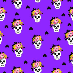 Fototapeta premium Mexican sugar skull vector seamless pattern, Halloween candy skulls background, Day of the Dead holiday, Black and white calavera wallpaper design, Skull repeating wallpaper, Dia de los Muertos