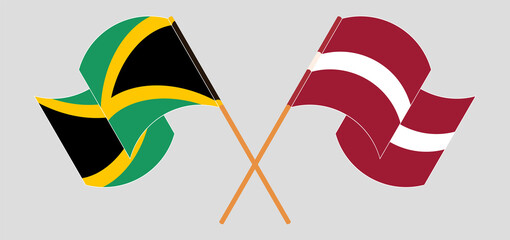 Crossed and waving flags of Jamaica and Latvia