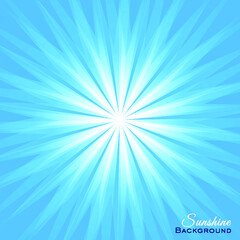Fototapeta na wymiar White sunlight on blue background. Sunshine cover vector illustration with dazzling radiance. Solar banner with rays from the center. Bright sunbeams greeting card.