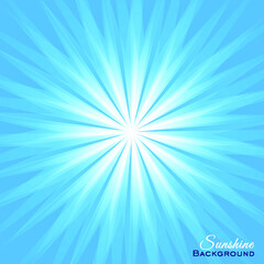 White sunlight on blue background. Sunshine cover vector illustration with dazzling radiance. Solar banner with rays from the center. Bright sunbeams greeting card.