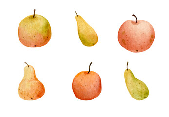 Set of apples and pears. Watercolor illustration isolated on white.