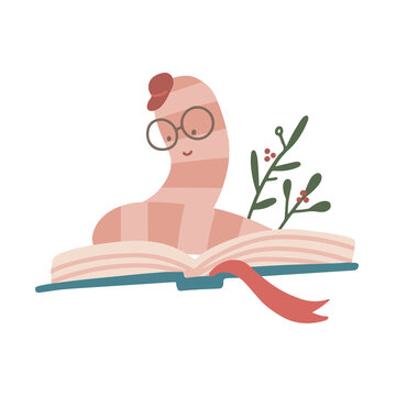 Focused little bookworm sits on an open book and reads carefully. Flat hand drawn vector illustration.