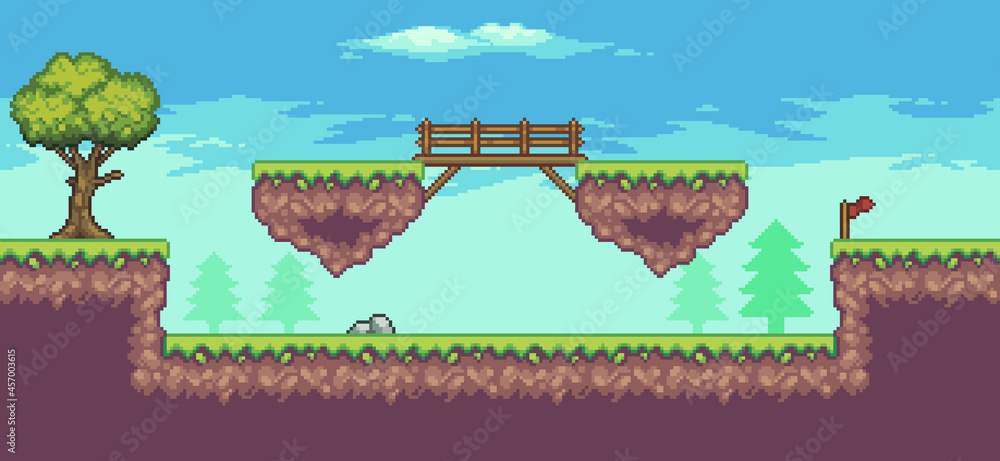 Aufkleber pixel art arcade game scene with floating platform, trees, bridge and clouds 8bit background