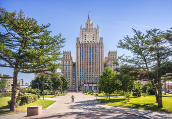 Fototapeta na wymiar High-rise building of the Ministry of Foreign Affairs in Moscow on a summer sunny morning