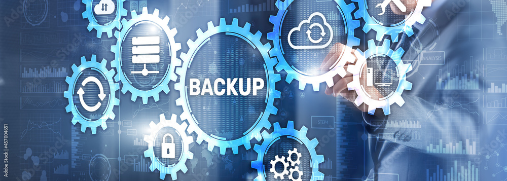Poster backup data recovery cybersecurity. mixed media technology concept
