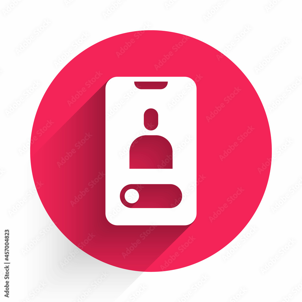 Poster white incoming call on mobile phone icon isolated with long shadow. friends call. red circle button.