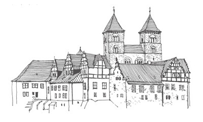 Travel sketch of Quedlinburg, Germany. Hand drawing of old town, Quedlinburg. Historical building line art. Hand drawn travel postcard. Urban sketch in black color isolated on white background.