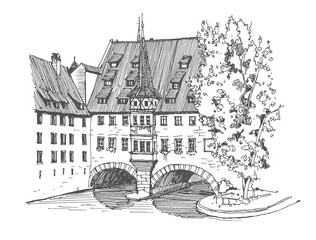 Travel sketch of Nuremberg, Germany. Historical building, bridge, river, old town line art. Freehand drawing. Hand drawn travel postcard. Urban sketch in black color isolated on white background.