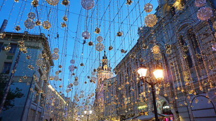 night city buildings lights street moscow street beautiful lighting garlands lanterns