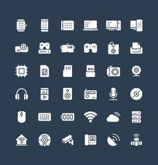 Vector flat icons set and graphic design elements. Illustration with digital and wireless technology solid symbols. Smart phone, laptop, tablet, pc, virtual reality, 3d print glyph pictogram