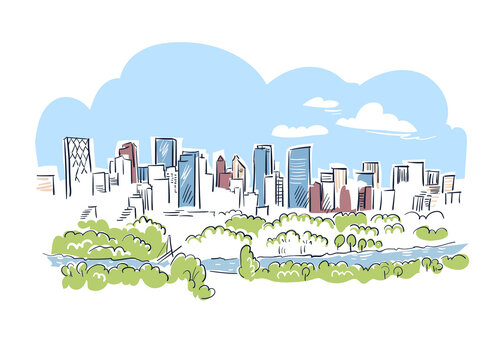 Calgary Alberta Canada Vector Sketch City Illustration Line Art Colorful Watercolor Style