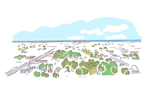aerial view landscape sketch, green trees, blue sky clip art preview