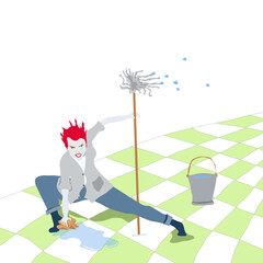 Raumpflegerin in Superheld Pose mit Putzlappen und Besen bei der Bodenpflege eines grün weißen Schachbrettbodens mit Hausmeister Jacke und rotem Haar, Illustration